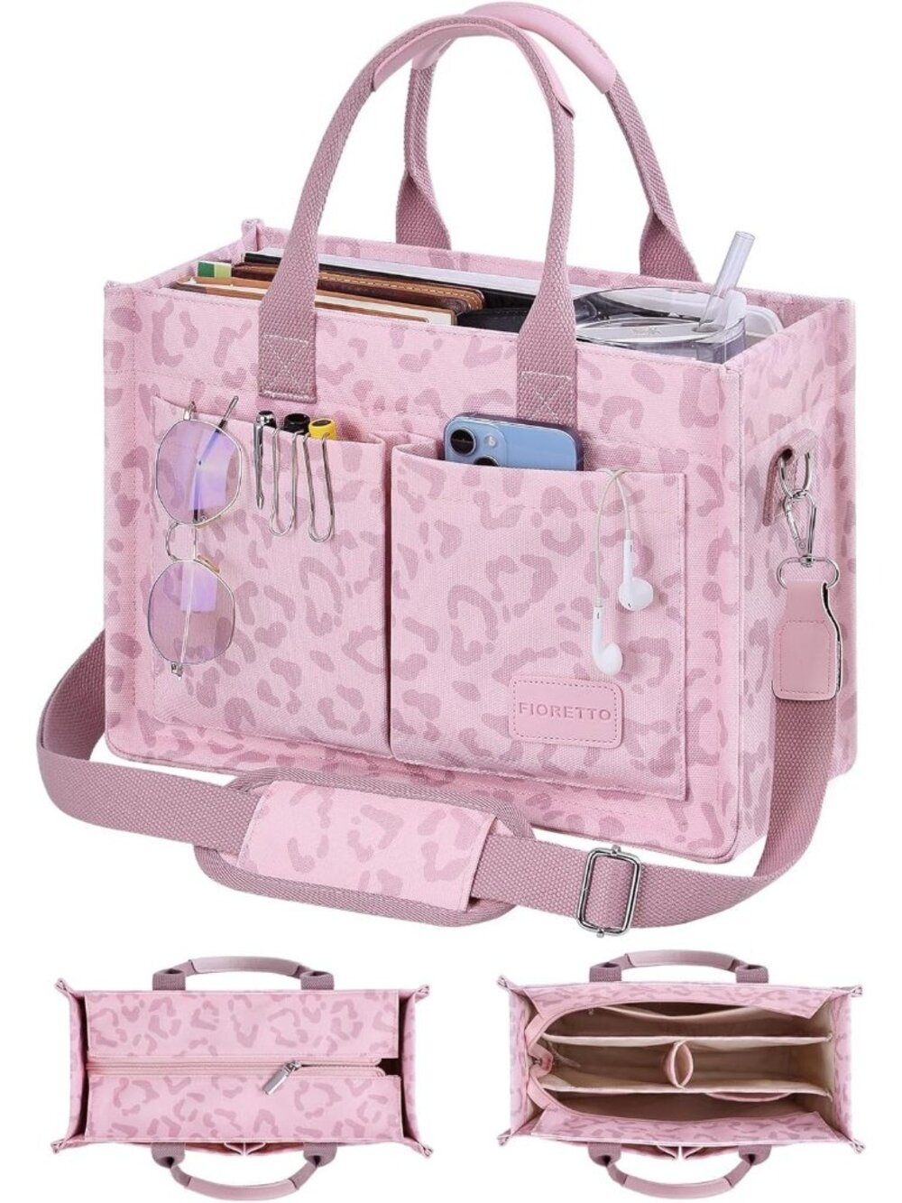 FIORETTO Canvas Women's Leopard Blush Tote Bag Zipper Compartments Pockets Bags